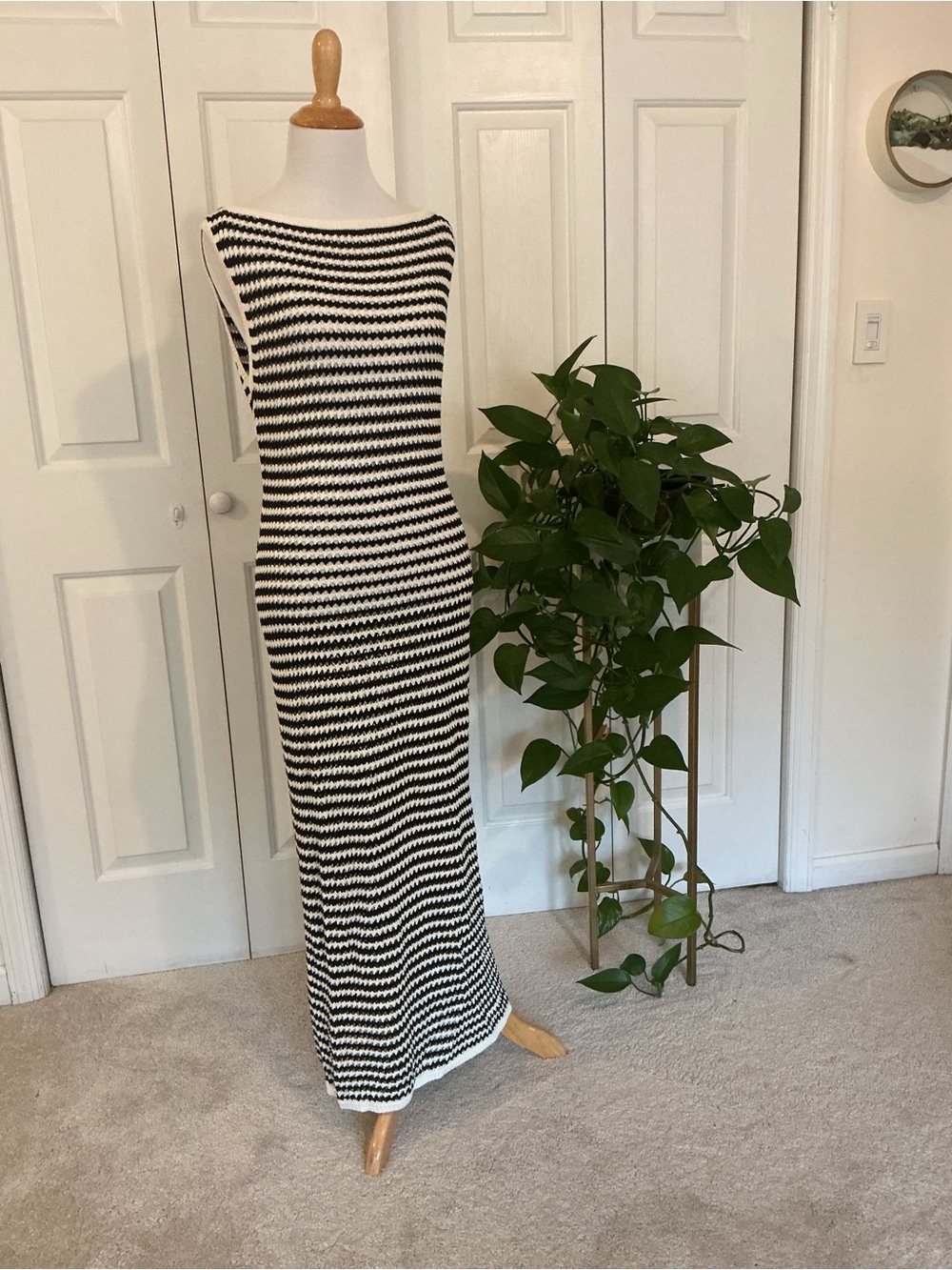 Sleeveless Black & White Striped Knit Crochet Dress Beach coverup